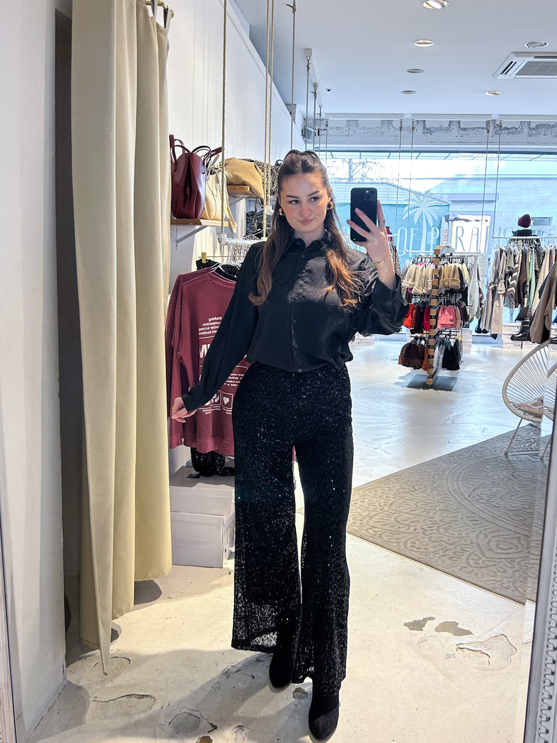 Hose mit Pailletten und Leomuster Schwarz