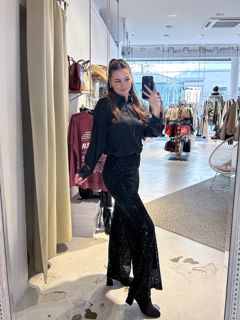 Hose mit Pailletten und Leomuster Schwarz