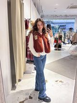 Kurze Teddy Weste mit Knopfleiste und Smiley Rost