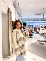 Oversized Strickpullover Gestreift mit Stehkragen Beige