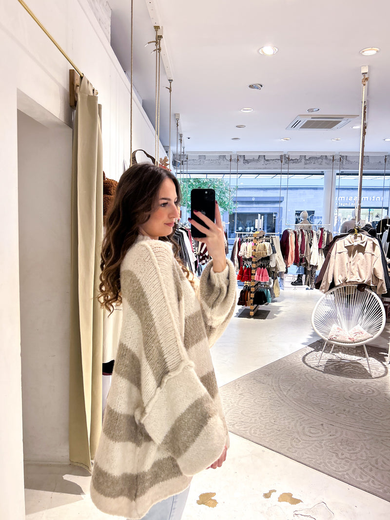 Oversized Strickpullover Gestreift mit Stehkragen Beige