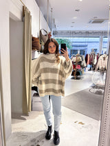 Oversized Strickpullover Gestreift mit Stehkragen Beige