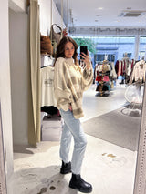 Oversized Strickpullover Gestreift mit Stehkragen Beige