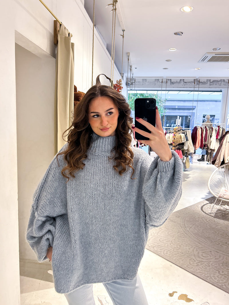 Oversized Strickpullover mit Stehkragen Hellgrau