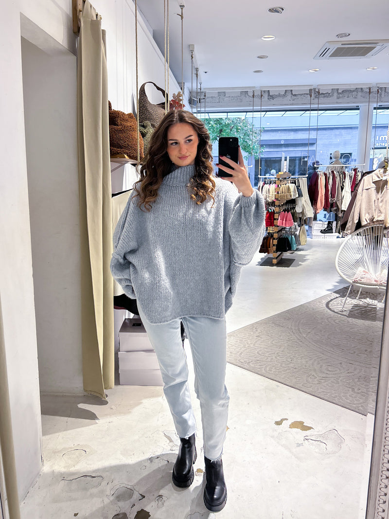 Oversized Strickpullover mit Stehkragen Hellgrau