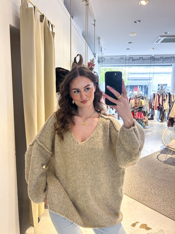 Strickpullover mit V-Ausschnitt Taupe