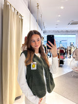 Kurze Teddy Weste mit Knopfleiste und Smiley Olive