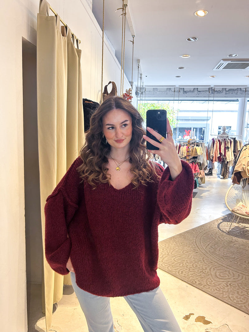 Strickpullover mit V-Ausschnitt Weinrot