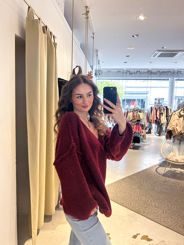Strickpullover mit V-Ausschnitt Weinrot