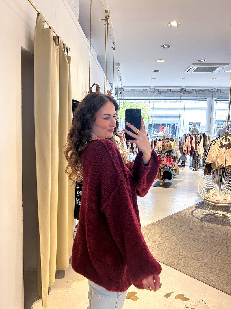 Strickpullover mit V-Ausschnitt Weinrot