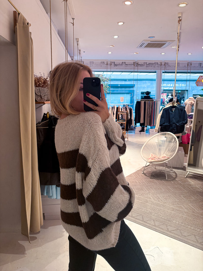 Oversized Strickpullover gestreift Beige/Braun