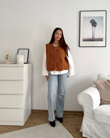 Kurze Teddy Weste mit Knopfleiste Camel