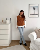 Kurze Teddy Weste mit Knopfleiste Camel