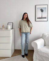 Kurzarm Strickpullover gestreift Olive/Weiß