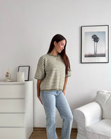 Kurzarm Strickpullover gestreift Olive/Weiß