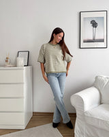 Kurzarm Strickpullover gestreift Olive/Weiß