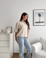 Kurzarm Strickpullover gestreift Taupe/Beige