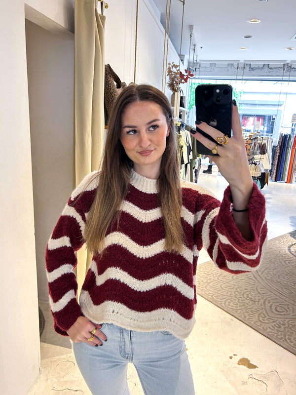 Strickpullover mit Wellenmuster beige/weinrot