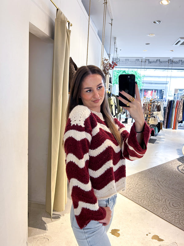 Strickpullover mit Wellenmuster beige/weinrot