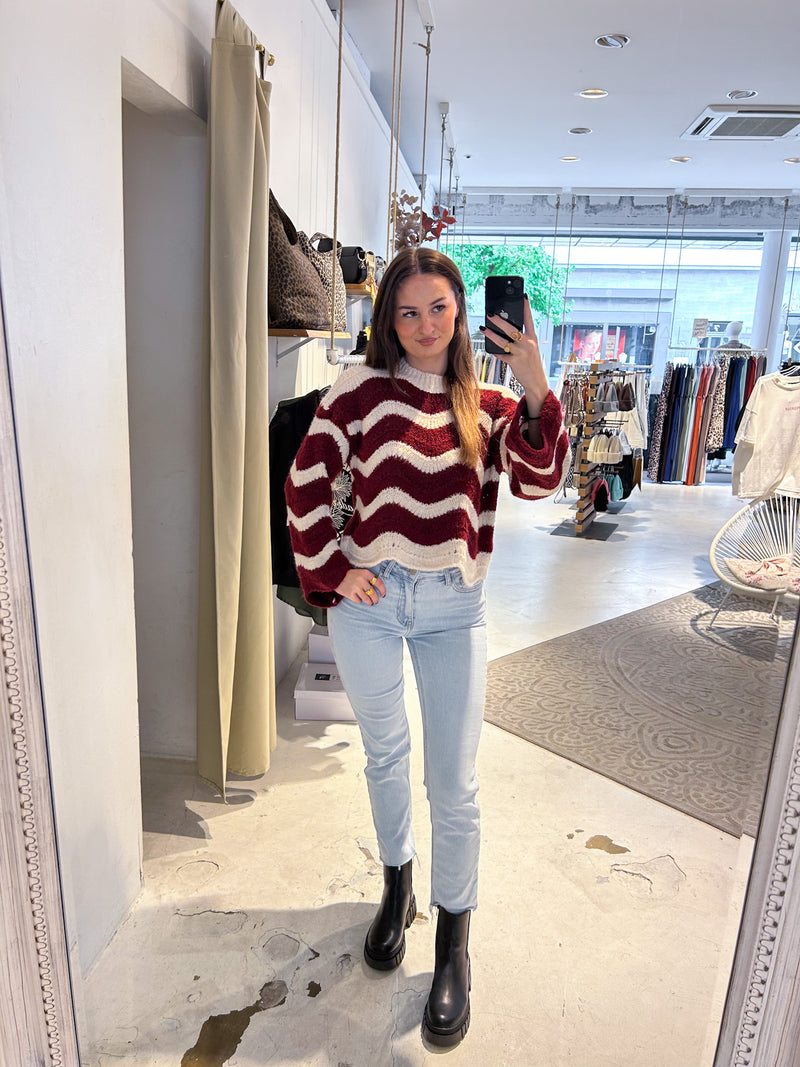 Strickpullover mit Wellenmuster beige/weinrot