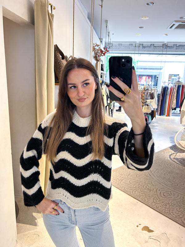 Strickpullover mit Wellenmuster beige/schwarz