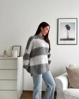 Oversized Strickpullover gestreift Grau/Beige