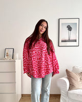Kurze Waffle Bluse mit Leomuster Rot/Rosa