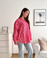 Kurze Waffle Bluse mit Leomuster Rot/Rosa
