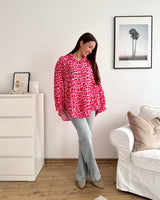 Kurze Waffle Bluse mit Leomuster Rot/Rosa