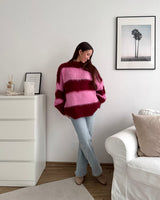 Oversized Strickpullover gestreift Weinrot/Pink