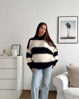 Oversized Strickpullover gestreift Schwarz/Beige