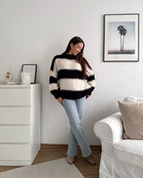 Oversized Strickpullover gestreift Schwarz/Beige
