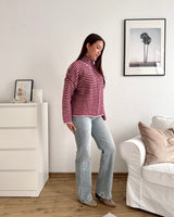 Strickjacke mit Zipper fein gestreift Weinrot/Rosa