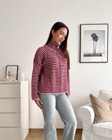 Strickjacke mit Zipper fein gestreift Weinrot/Rosa