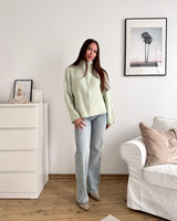 Strickjacke mit Zipper fein gestreift Beige/Mint
