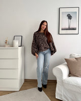 Ballon Strickpullover mit Leomuster Hellbraun/Braun