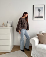Ballon Strickpullover mit Leomuster Hellbraun/Braun