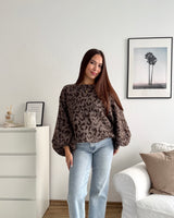 Ballon Strickpullover mit Leomuster Hellbraun/Braun