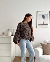 Ballon Strickpullover mit Leomuster Hellbraun/Braun
