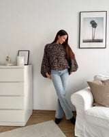 Ballon Strickpullover mit Leomuster Hellbraun/Braun