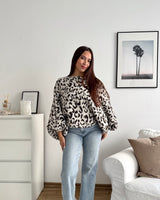 Ballon Strickpullover mit Leomuster Beige/Braun