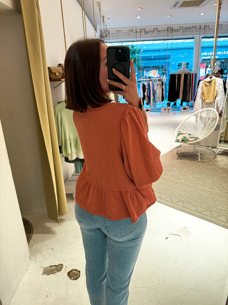 Kurze Waffle Bluse mit Schleifen Terrakotta