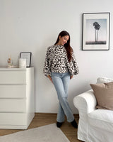 Ballon Strickpullover mit Leomuster Beige/Braun