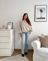 Ballon Strickpullover mit Streifen Hellbraun/Beige