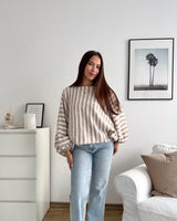 Ballon Strickpullover mit Streifen Hellbraun/Beige