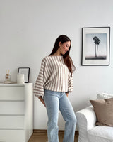 Ballon Strickpullover mit Streifen Hellbraun/Beige