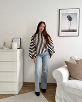 Ballon Strickpullover mit Streifen Braun/Weiß