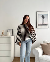 Ballon Strickpullover mit Streifen Braun/Weiß
