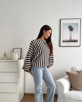Ballon Strickpullover mit Streifen Braun/Weiß