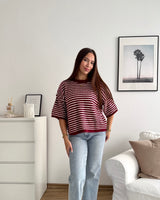 Kurzarm Strickpullover gestreift Weinrot/Weiß
